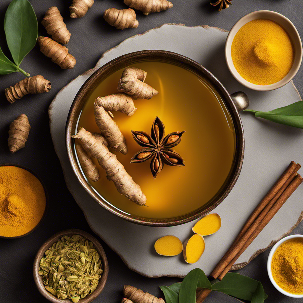 An image showcasing the vibrant yellow hues of a steaming cup of turmeric tea, surrounded by an array of fertility-boosting ingredients like ginger, cinnamon, and honey