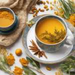 An image that showcases a steaming cup of vibrant golden turmeric tea, exuding warmth and healing properties