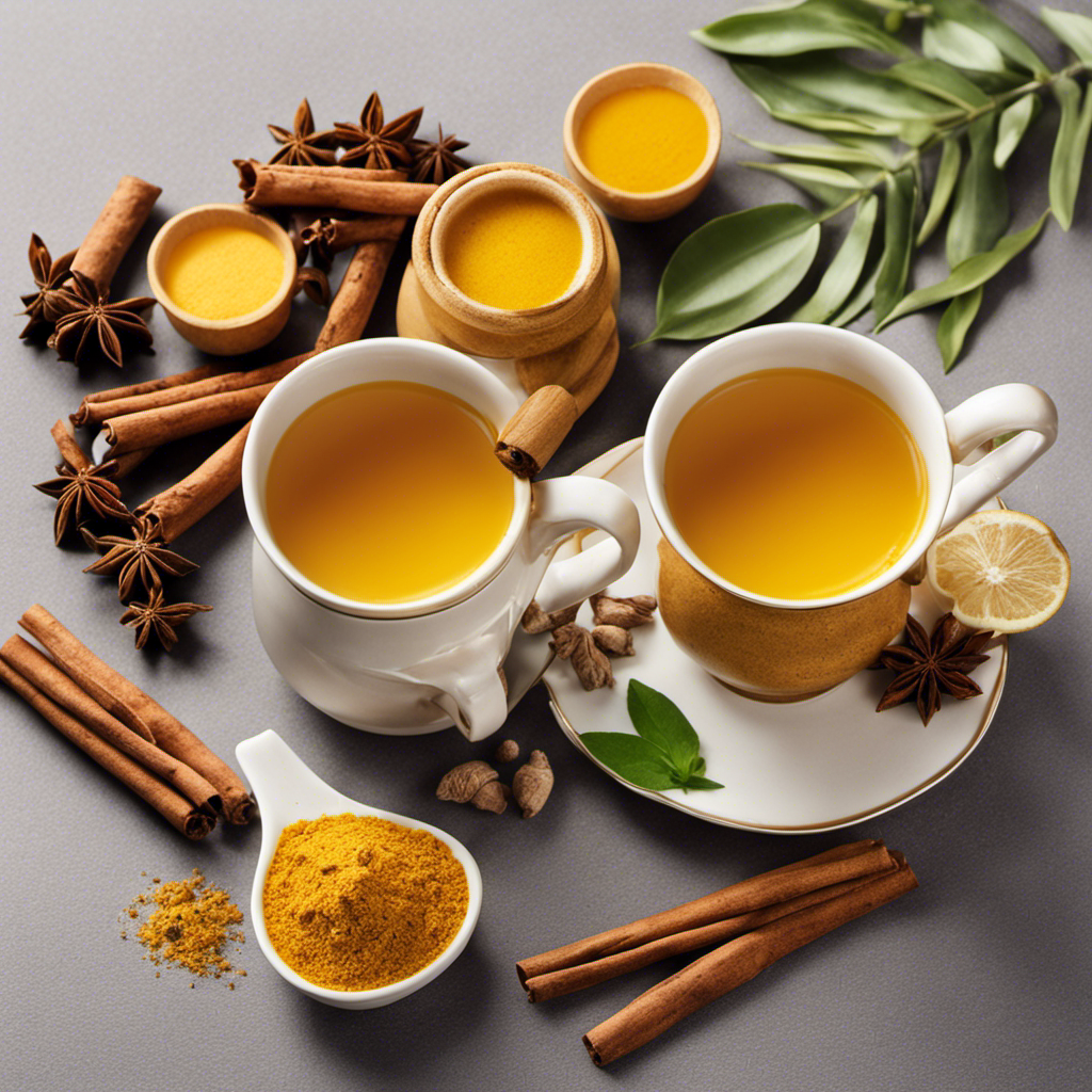 An image showcasing the vibrant golden hue of a steaming cup of turmeric tea, surrounded by a variety of PCOS-friendly ingredients such as cinnamon sticks, ginger root, and a sprinkle of black pepper