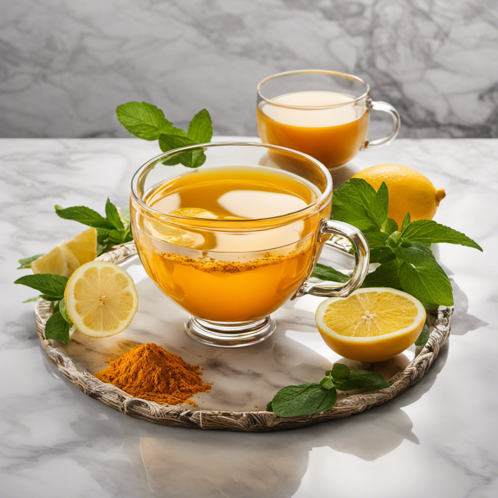 An image showcasing the vibrant golden hue of turmeric tea, with a steaming cup placed on a marble countertop