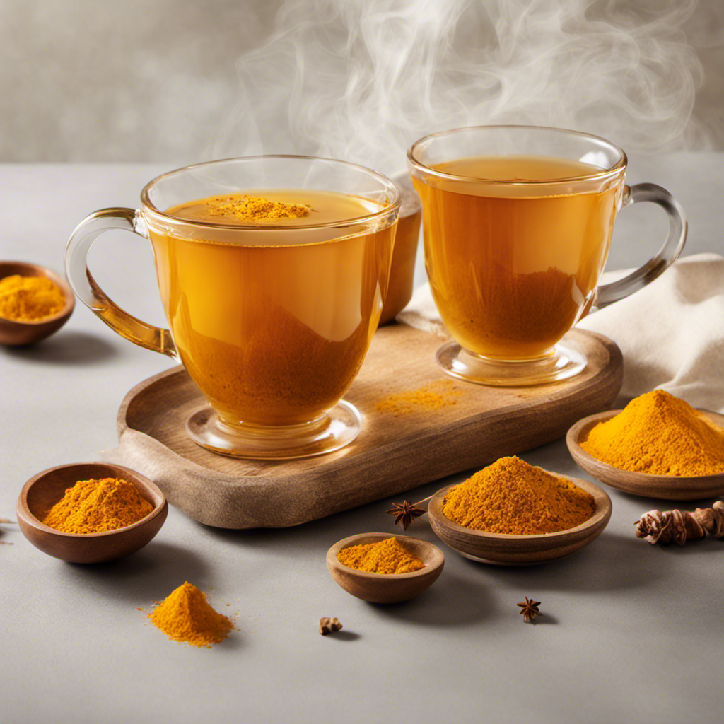 An image showcasing the vibrant golden hue of freshly brewed turmeric tea, delicately swirling in a transparent glass mug