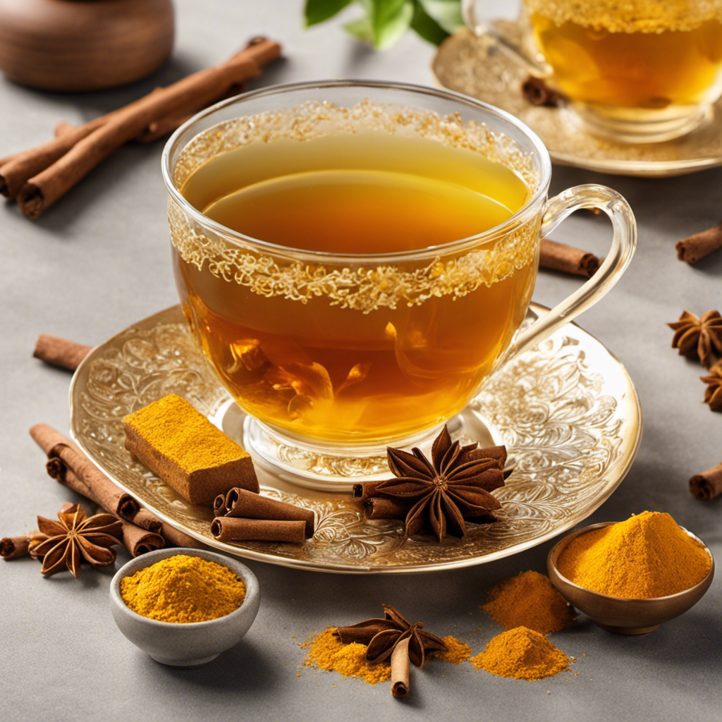 An image showcasing a serene teacup brimming with vibrant golden turmeric tea, surrounded by a medley of fresh aromatic spices like ginger and cinnamon, exuding warmth and wellness