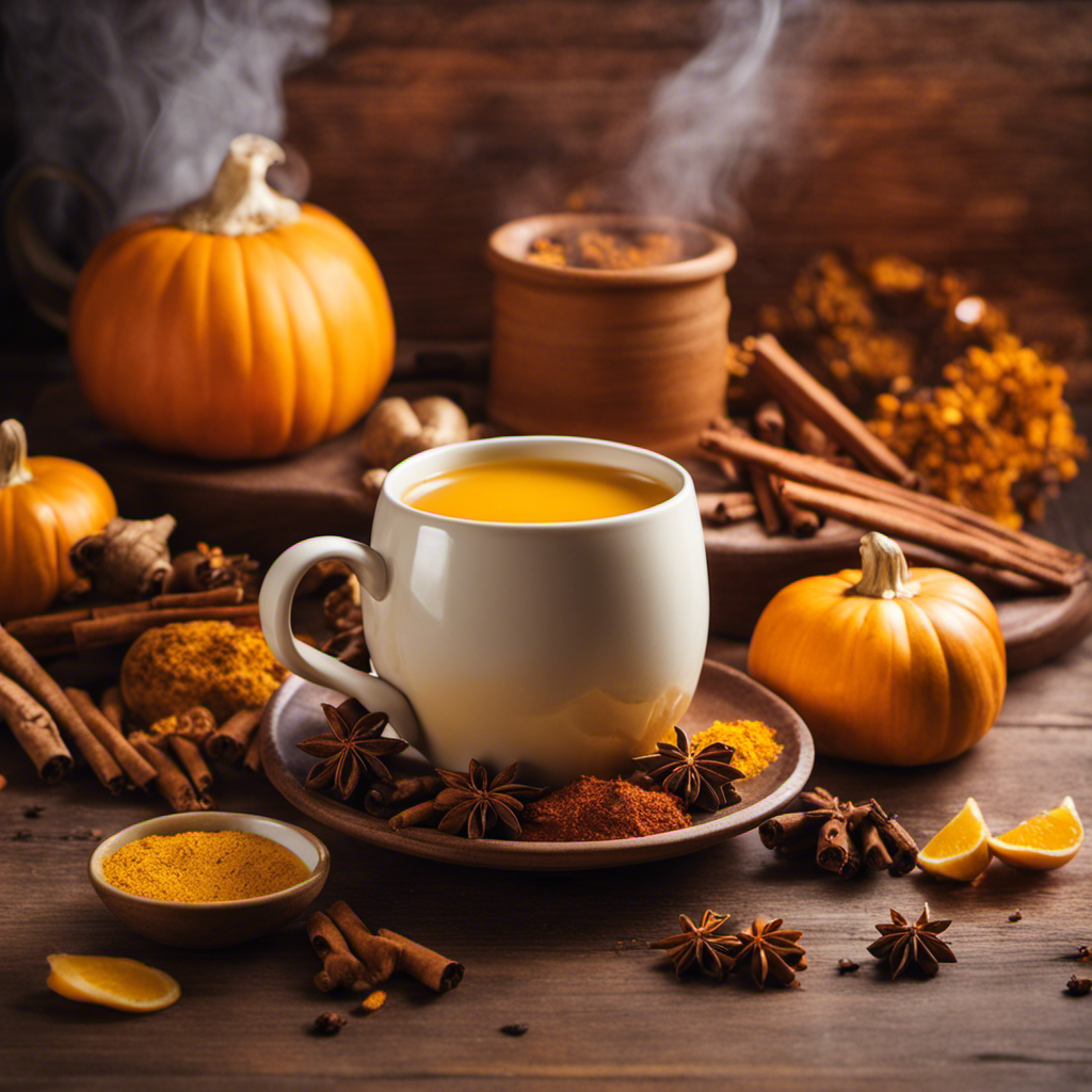 An image showcasing a cozy fall scene with a mug filled with vibrant golden turmeric tea, surrounded by aromatic spices like cinnamon sticks, ginger slices, and cloves, emitting steam, all bathed in warm, soft lighting