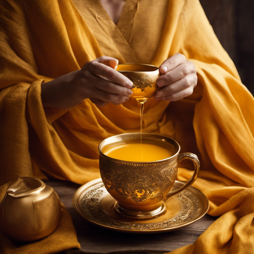 An image depicting a warm, steaming cup of turmeric tea being gently held by a person with a soothing, golden glow surrounding them