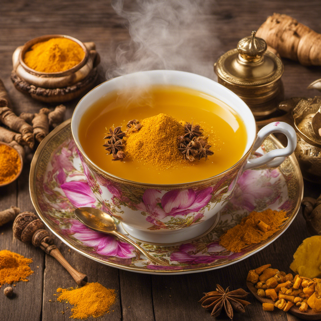 An image showcasing a vibrant teacup brimming with golden turmeric tea, steam gently rising, revealing the aromatic spices