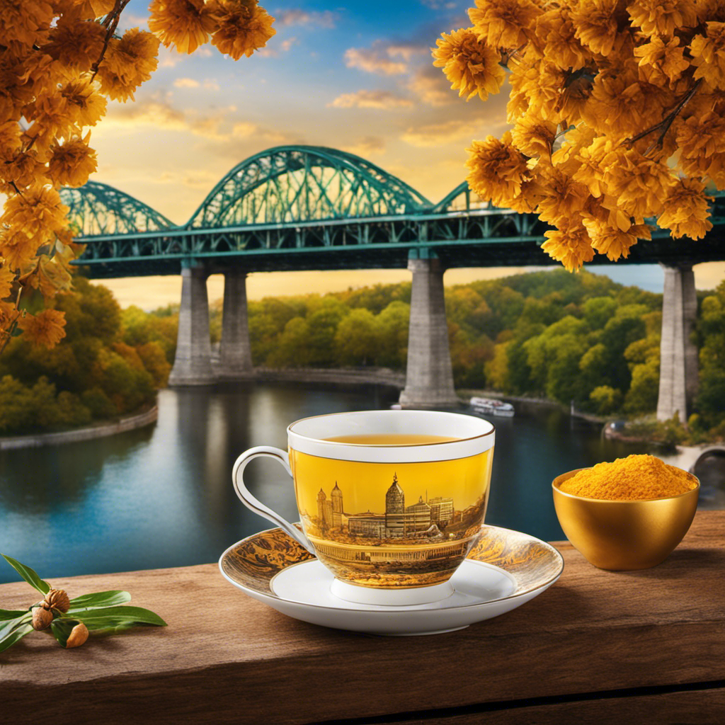 An image featuring a steaming mug of vibrant, golden turmeric tea set against a backdrop of Chattanooga's iconic Walnut Street Bridge, surrounded by lush greenery