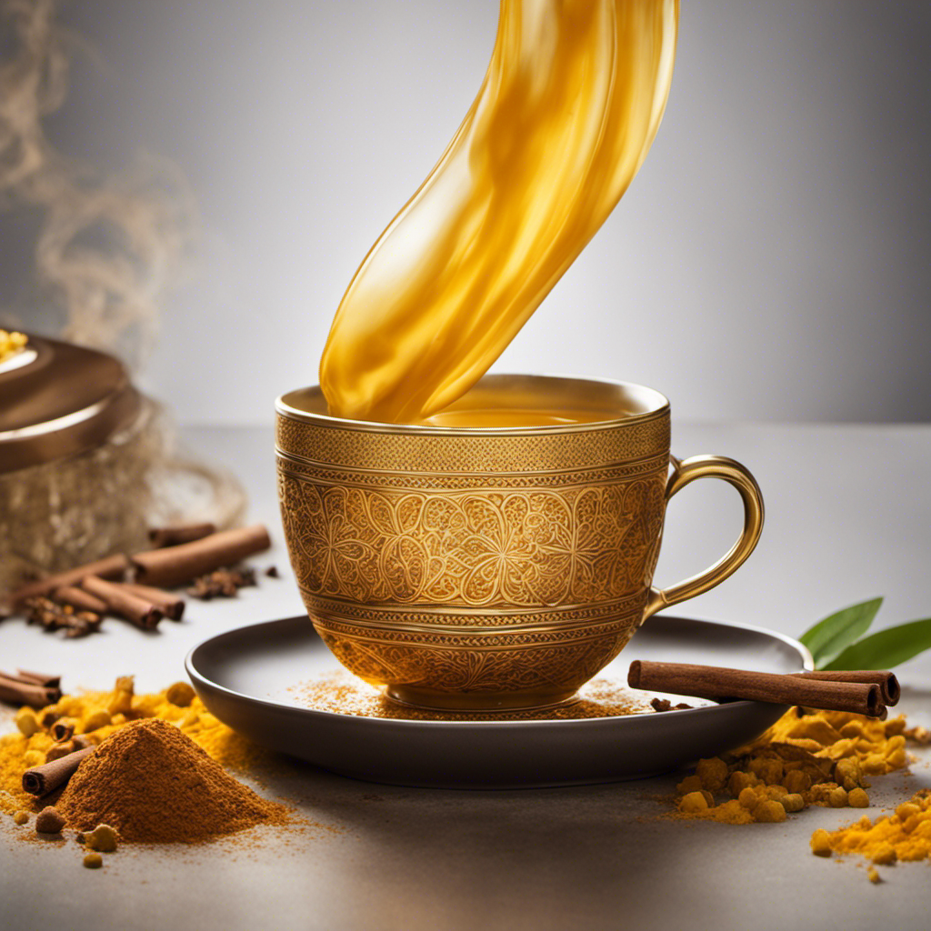 An image that showcases a steaming cup of golden turmeric tea, infused with the warm hues of cinnamon, ginger, nutmeg, and clove