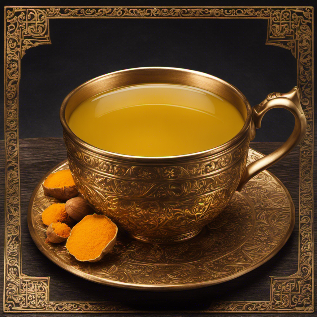 An image showcasing a vibrant, steaming cup of Turmeric Tea Coles, filled to the brim with golden goodness