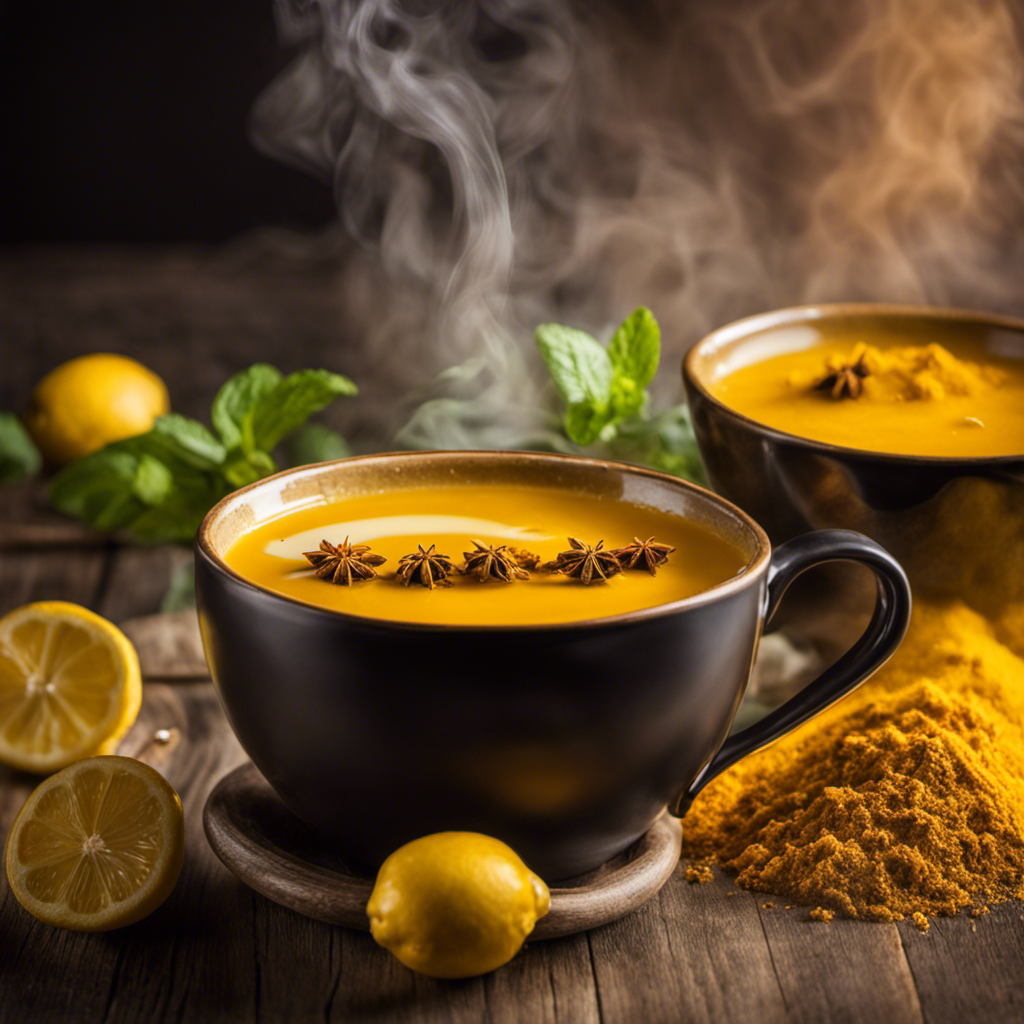 An image showcasing a warm, inviting mug filled with steaming turmeric tea