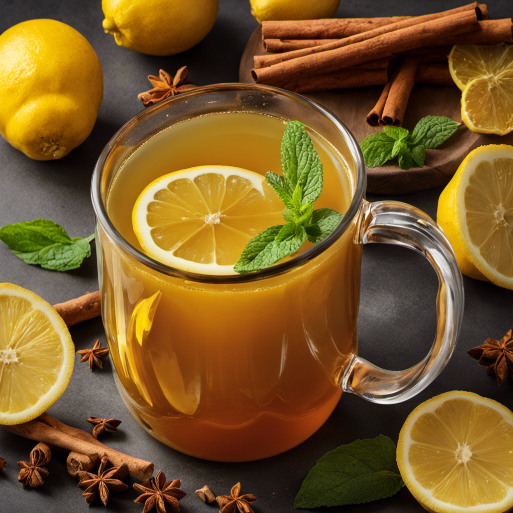 An image of a cozy mug filled with golden turmeric tea, steam rising and mingling with the vibrant hues of cinnamon, ginger, and honey