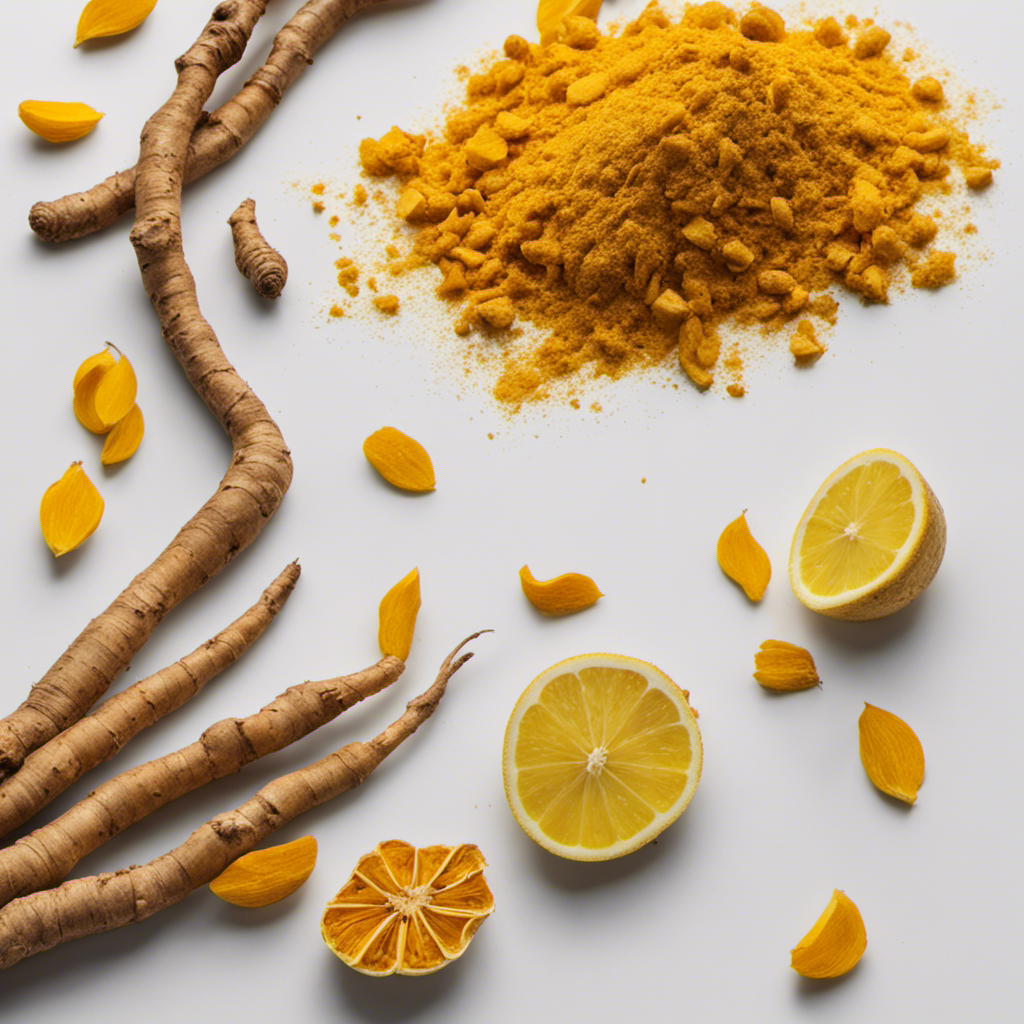 An image of a hand holding a vibrant yellow turmeric root, with delicate wisps of ginger and lemon peel lying nearby