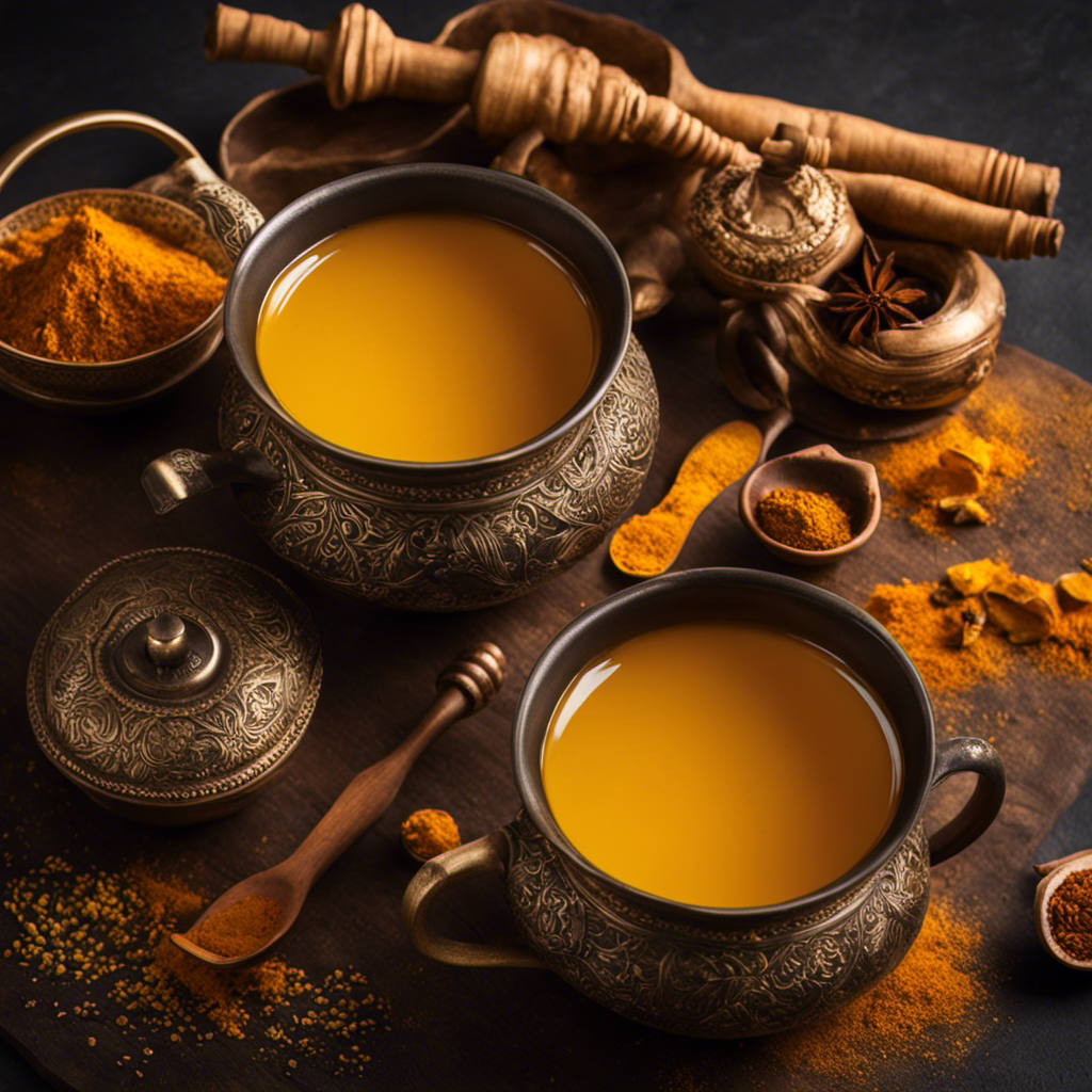 An image showcasing two steaming cups of turmeric tea, one made from dried turmeric and the other from fresh