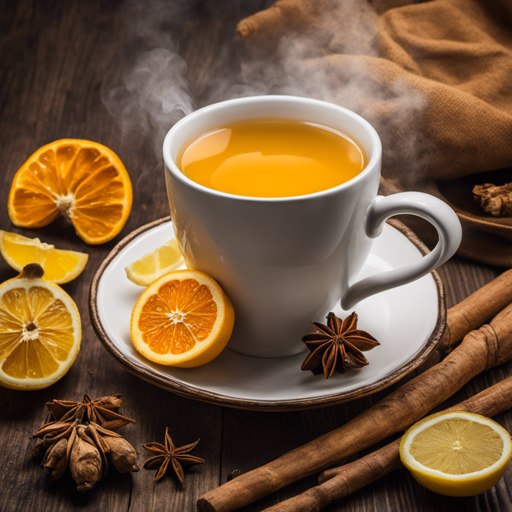 An image depicting a serene, cozy setting with a steaming cup of vibrant orange turmeric tea on a wooden table, surrounded by fresh turmeric roots, lemon slices, and a hint of aromatic steam in the air