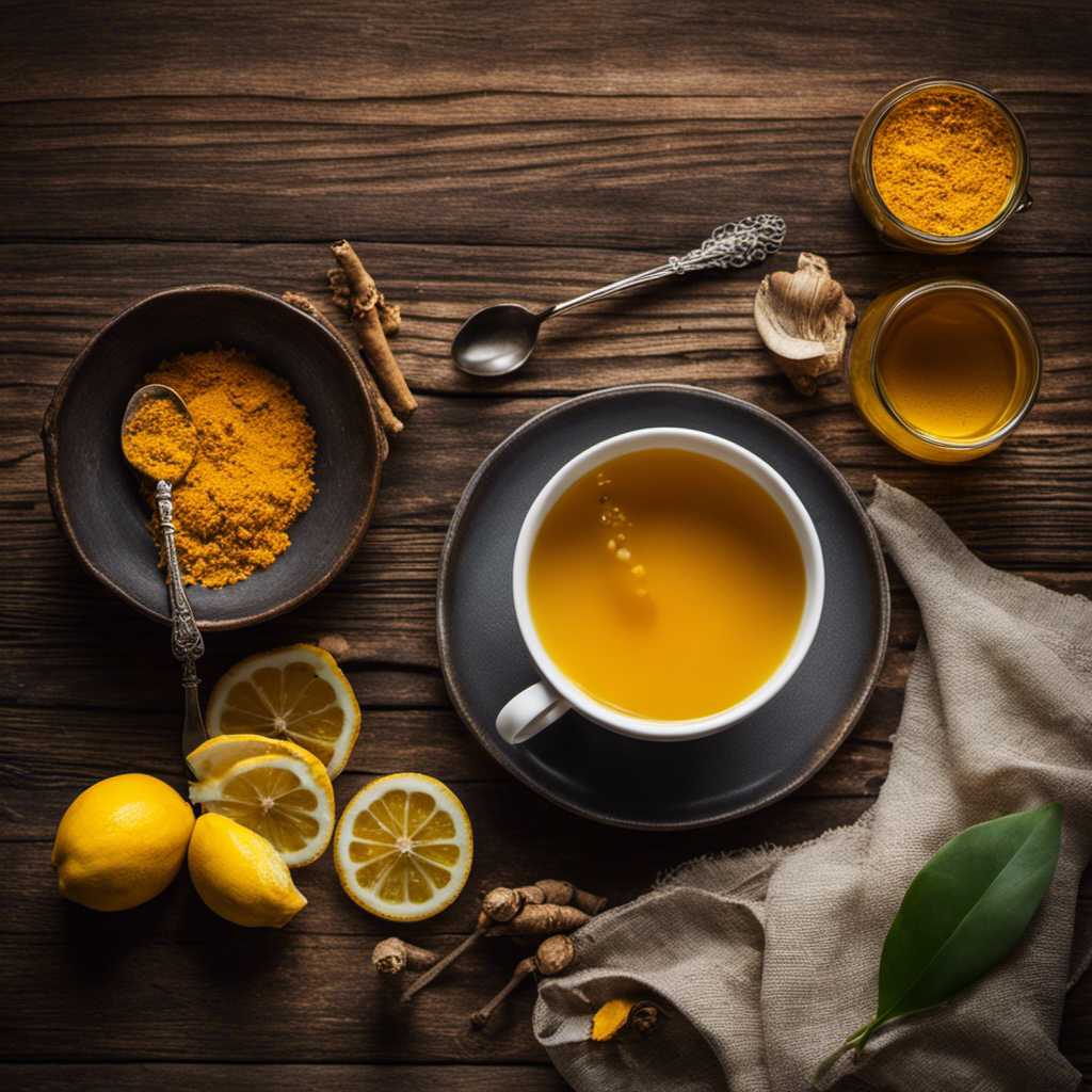 An image showcasing a vibrant cup of Turmeric Tea on an elegant saucer, surrounded by freshly harvested turmeric roots, lemon slices, and a dainty vintage tea spoon, all arranged on a rustic wooden table