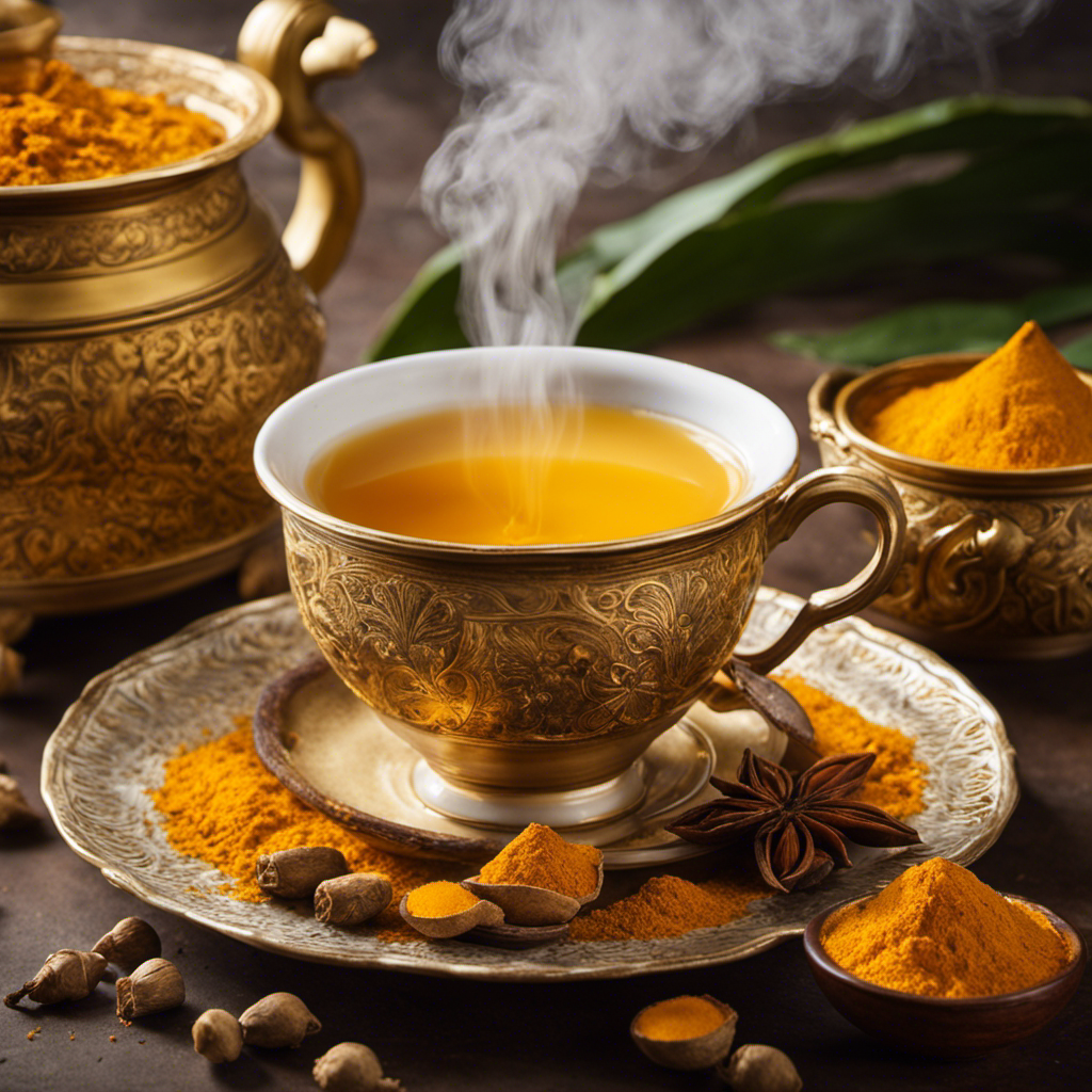 An image showcasing the transformative powers of turmeric tea: a vibrant, golden cup radiating warmth