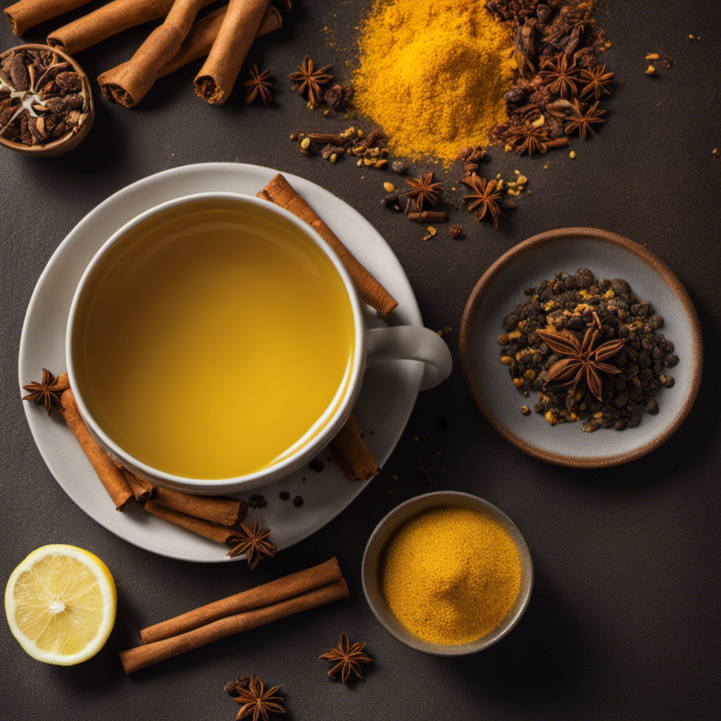 An image showcasing a steaming cup of vibrant yellow Turmeric Tea En Español, infused with aromatic spices like cinnamon and ginger, garnished with a sprinkle of freshly ground black pepper and a slice of lemon