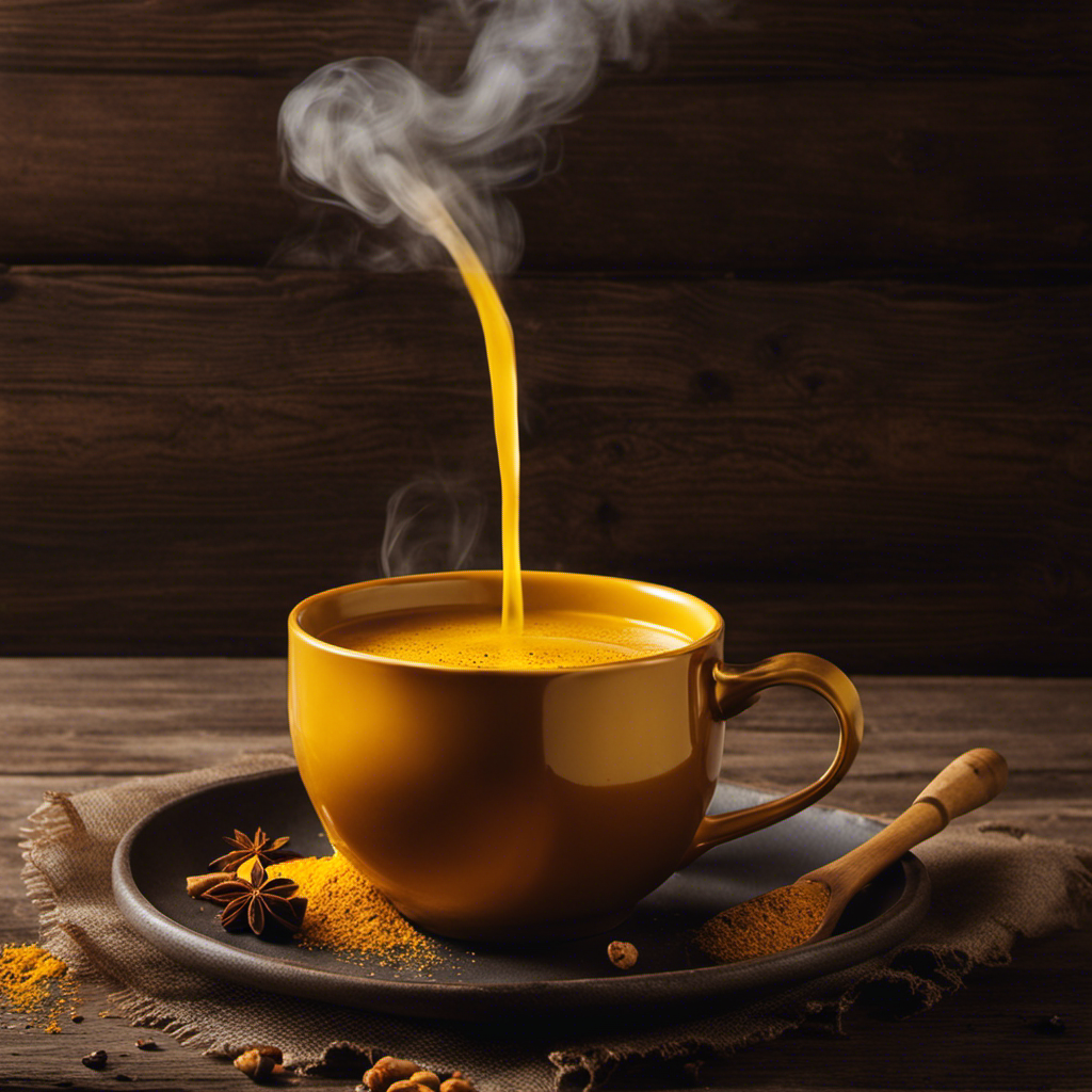 An image showcasing a vibrant cup of turmeric tea, its rich golden hue contrasting against a rustic wooden table