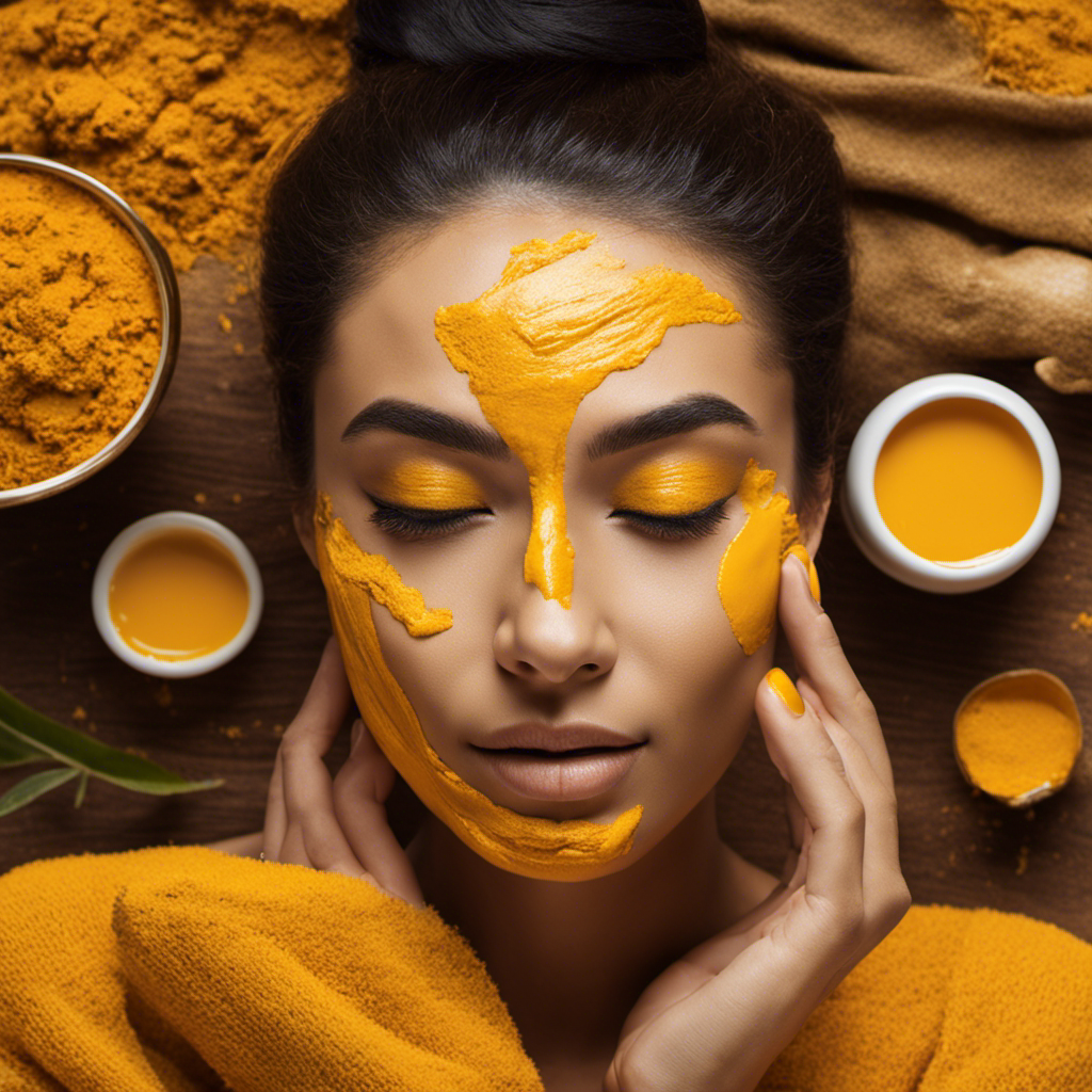 An image showcasing a woman applying a soothing turmeric tea face mask, featuring vibrant yellow hues, as she gently removes facial hair, unveiling her smooth and radiant complexion