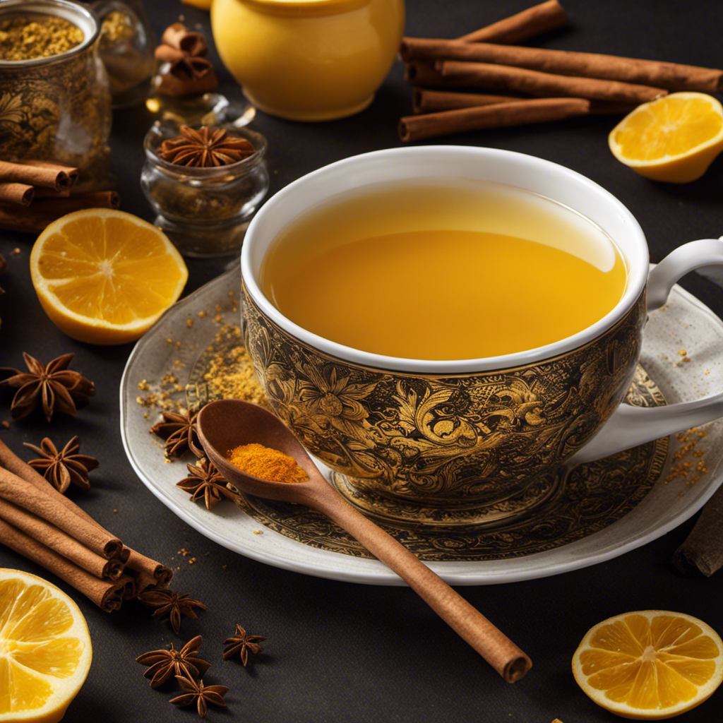 An image of a steaming cup of golden turmeric tea, gently swirling with aromatic spices