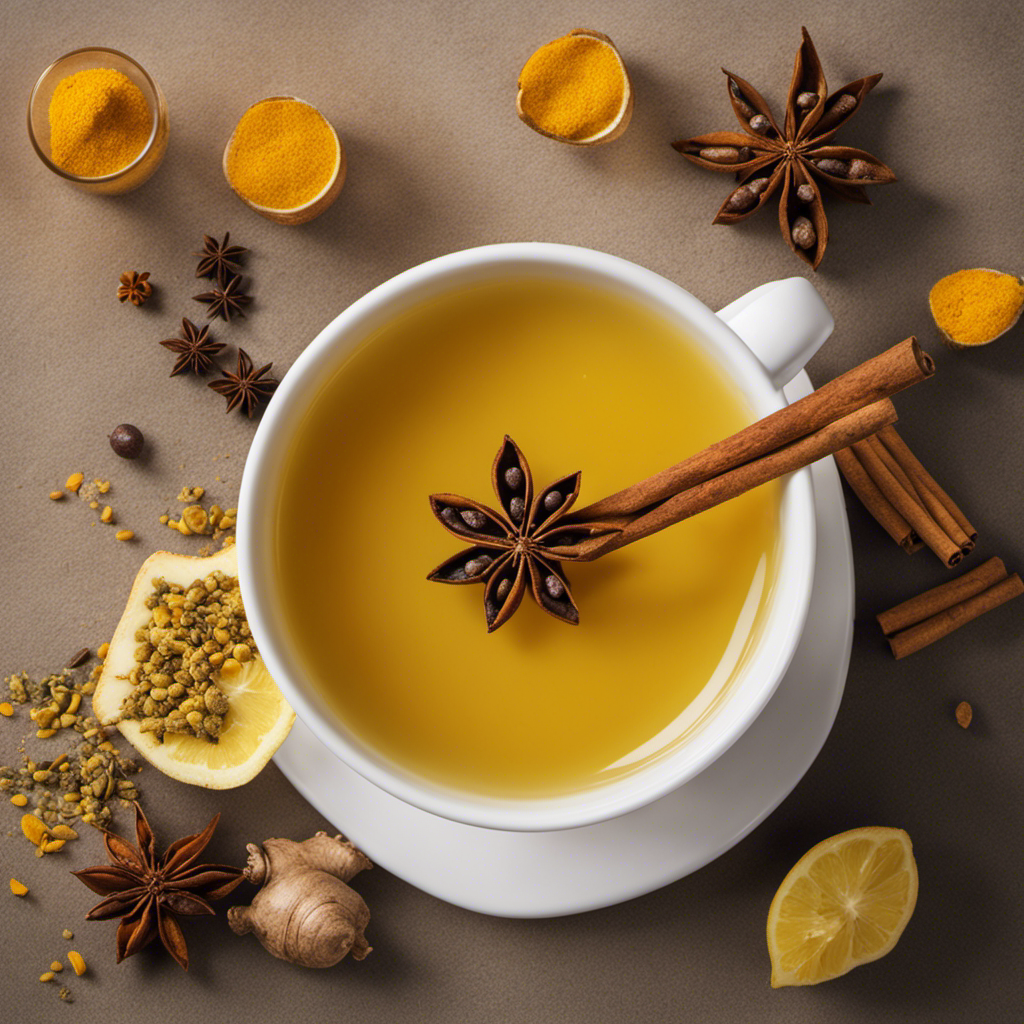 An image of a steaming cup of golden turmeric tea, surrounded by vibrant ingredients like fresh ginger, cinnamon sticks, and a scattering of black peppercorns