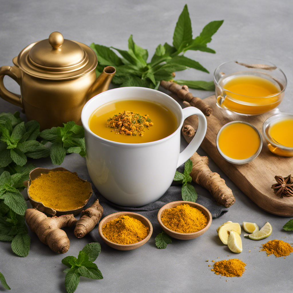 An image featuring a cozy, warm mug filled with vibrant golden turmeric tea, steaming gently