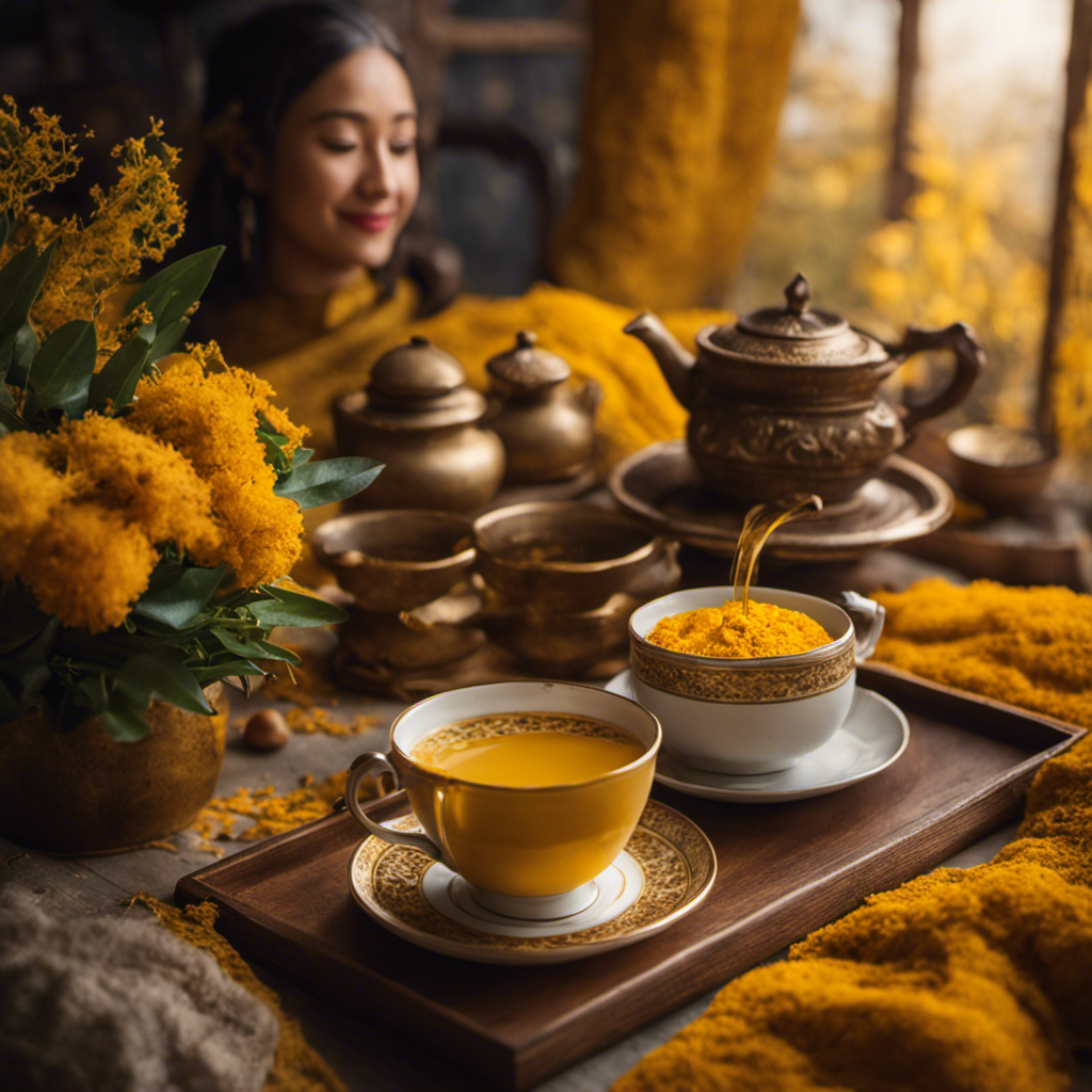An image capturing a cozy scene with a person holding a steaming cup of vibrant yellow turmeric tea, surrounded by soothing decor, with a gentle smile of relief on their face