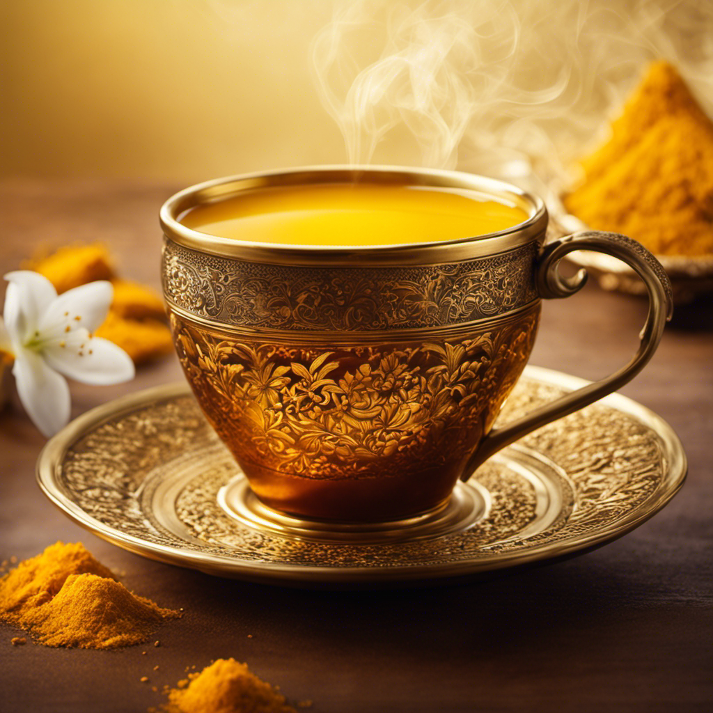 An image showcasing a vibrant, steaming cup of turmeric tea in a serene setting