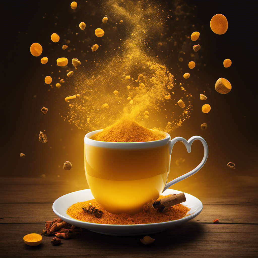 An image showcasing a serene scene of a warm cup of turmeric tea with a vibrant yellow hue, steam gently rising, surrounded by scattered blood clot icons dissolving into thin air, representing the potential benefits of turmeric tea for blood clot prevention
