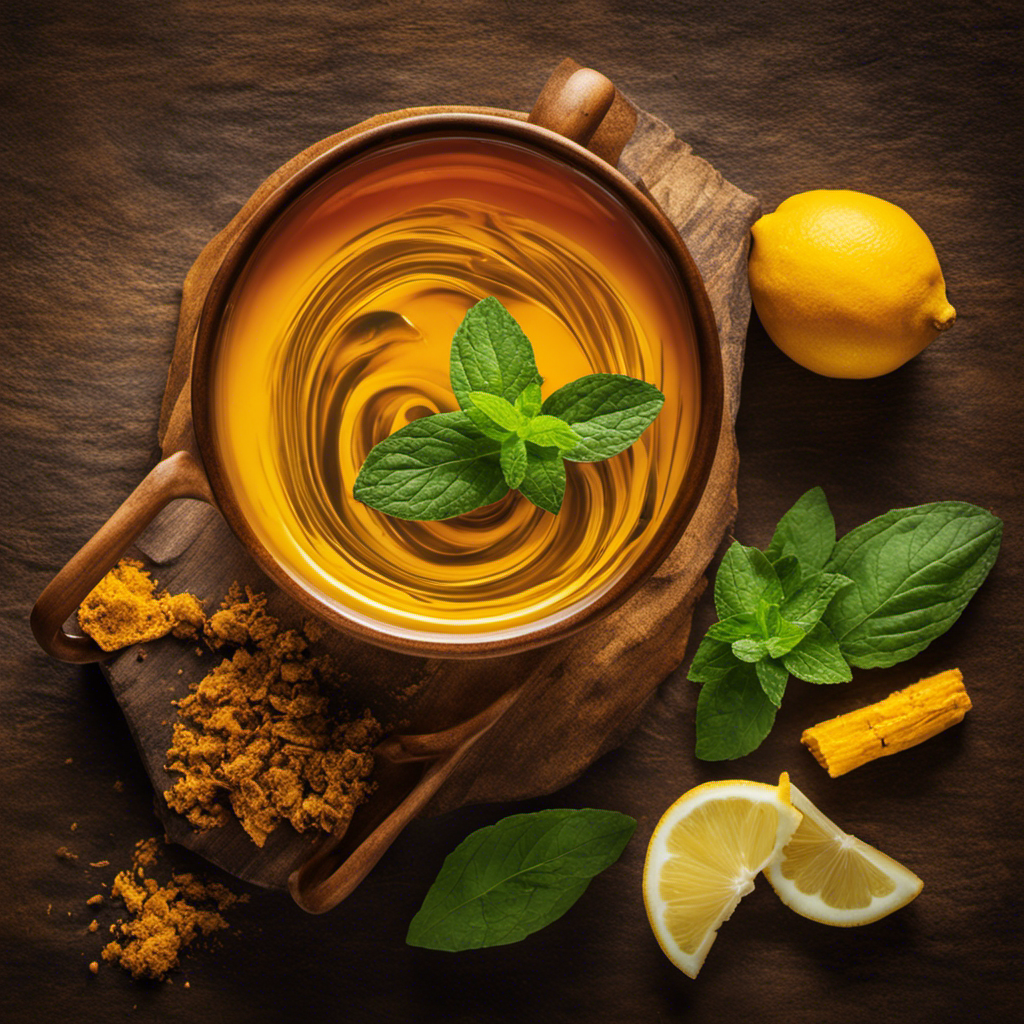 An image showcasing a steaming cup of vibrant turmeric tea, gently swirling with golden hues