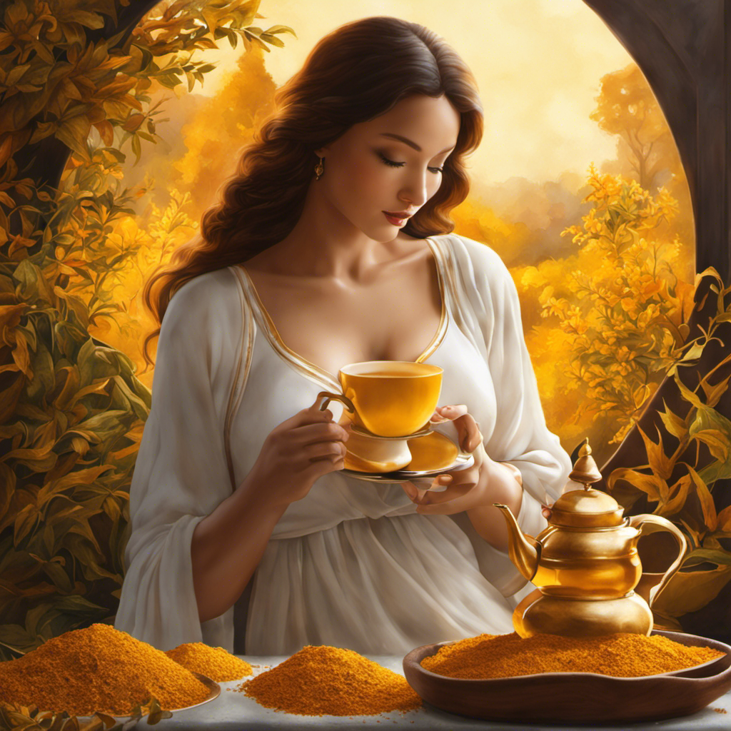 An image depicting a serene breastfeeding mom holding a warm cup of vibrant golden turmeric tea, surrounded by delicate tea leaves and spices, with soft sunlight illuminating the scene
