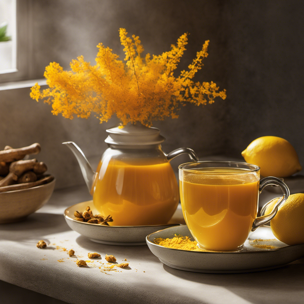 An image showcasing a serene, sunlit kitchen counter adorned with a steaming cup of vibrant yellow turmeric tea