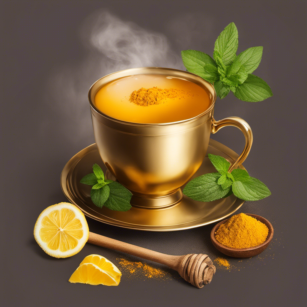 An image showcasing a vibrant, steamy cup of turmeric tea, golden in hue, with gentle wisps of steam rising gracefully