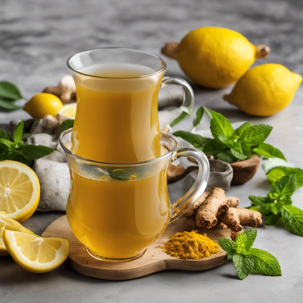 An image showcasing a comforting mug filled with vibrant yellow turmeric tea, steam gently rising, surrounded by freshly sliced ginger, lemon wedges, and a sprig of fragrant mint