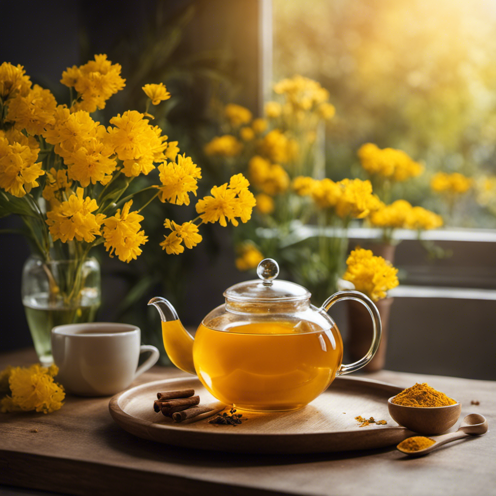 An image showcasing a serene, sunlit room with a steaming cup of vibrant golden turmeric tea, surrounded by blooming yellow flowers, evoking a peaceful ambiance to explore the benefits of turmeric tea for depression treatment