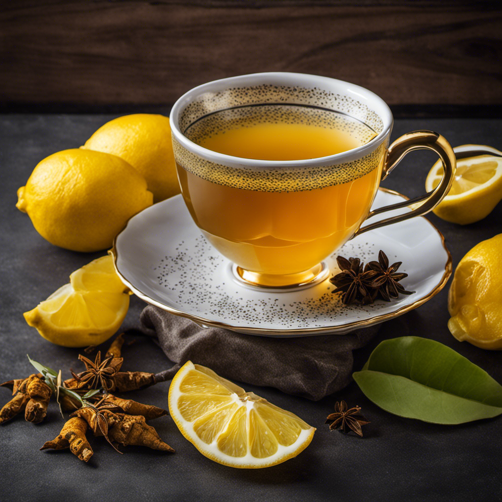 An image showcasing a steaming cup of vibrant golden turmeric tea, surrounded by fresh lemon slices and a sprinkle of black pepper