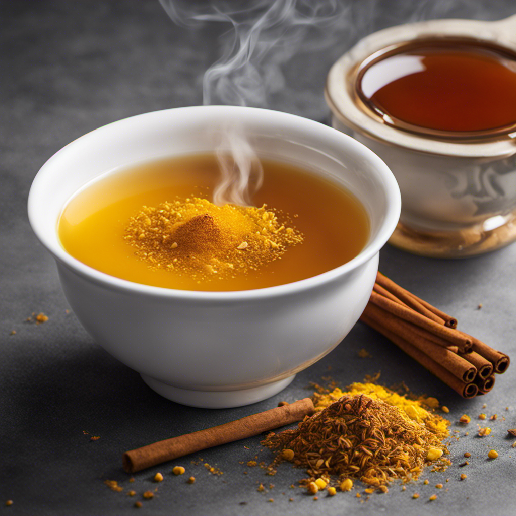 An image showcasing a steaming cup of golden turmeric tea, gently swirling with hints of cinnamon and honey