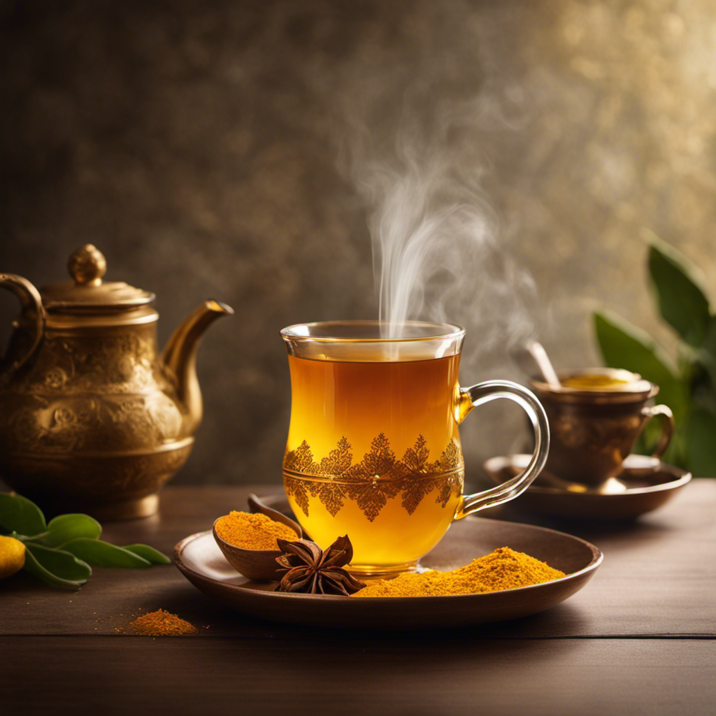 the essence of balance and vitality with an image of a steaming cup of turmeric tea, infused with warm hues of golden yellow