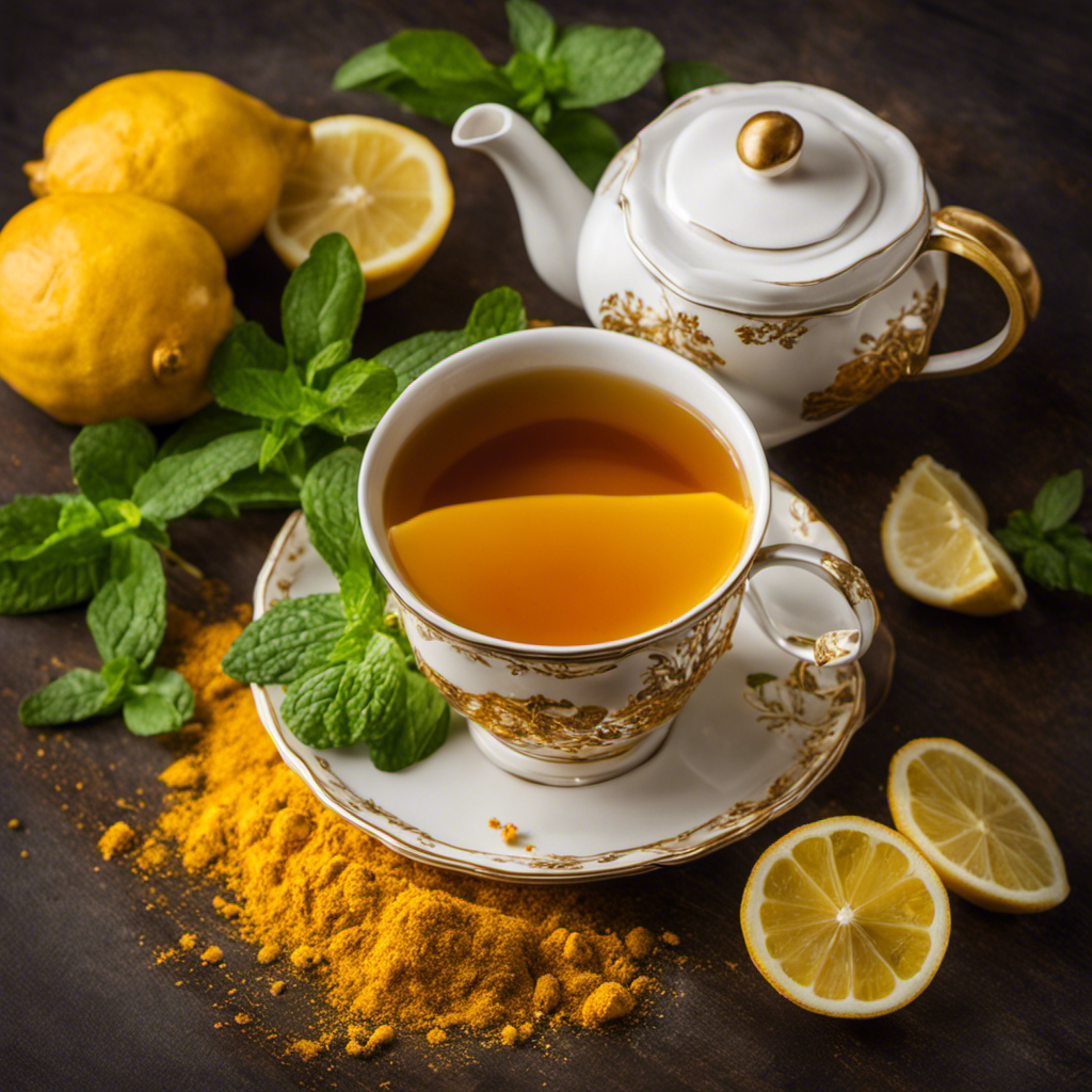 An image showcasing a soothing cup of golden turmeric tea, steam rising from its surface, surrounded by fresh turmeric roots, a lemon wedge, and a sprig of mint, symbolizing natural remedies for fatty liver