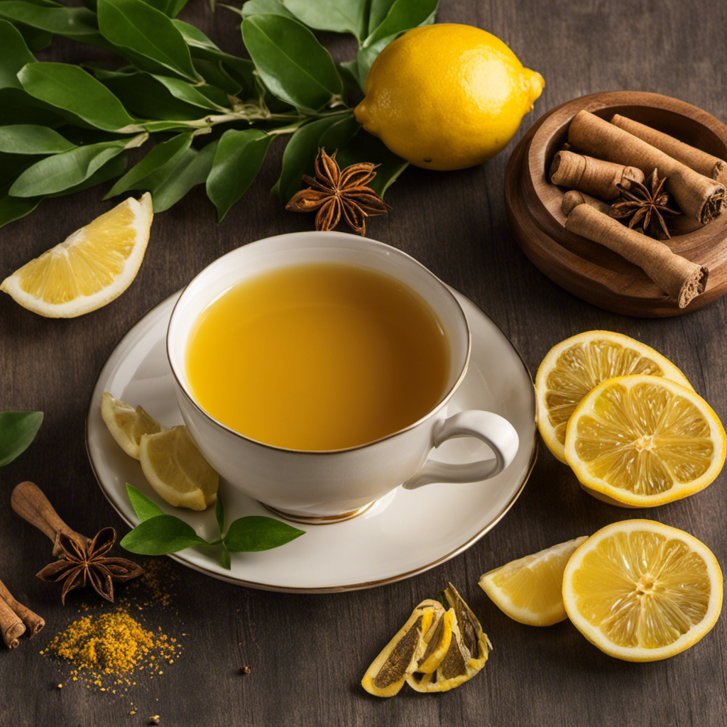 An image featuring a steaming cup of vibrant yellow turmeric tea, surrounded by fresh lemon slices, fragrant ginger root, and a sprinkle of black pepper