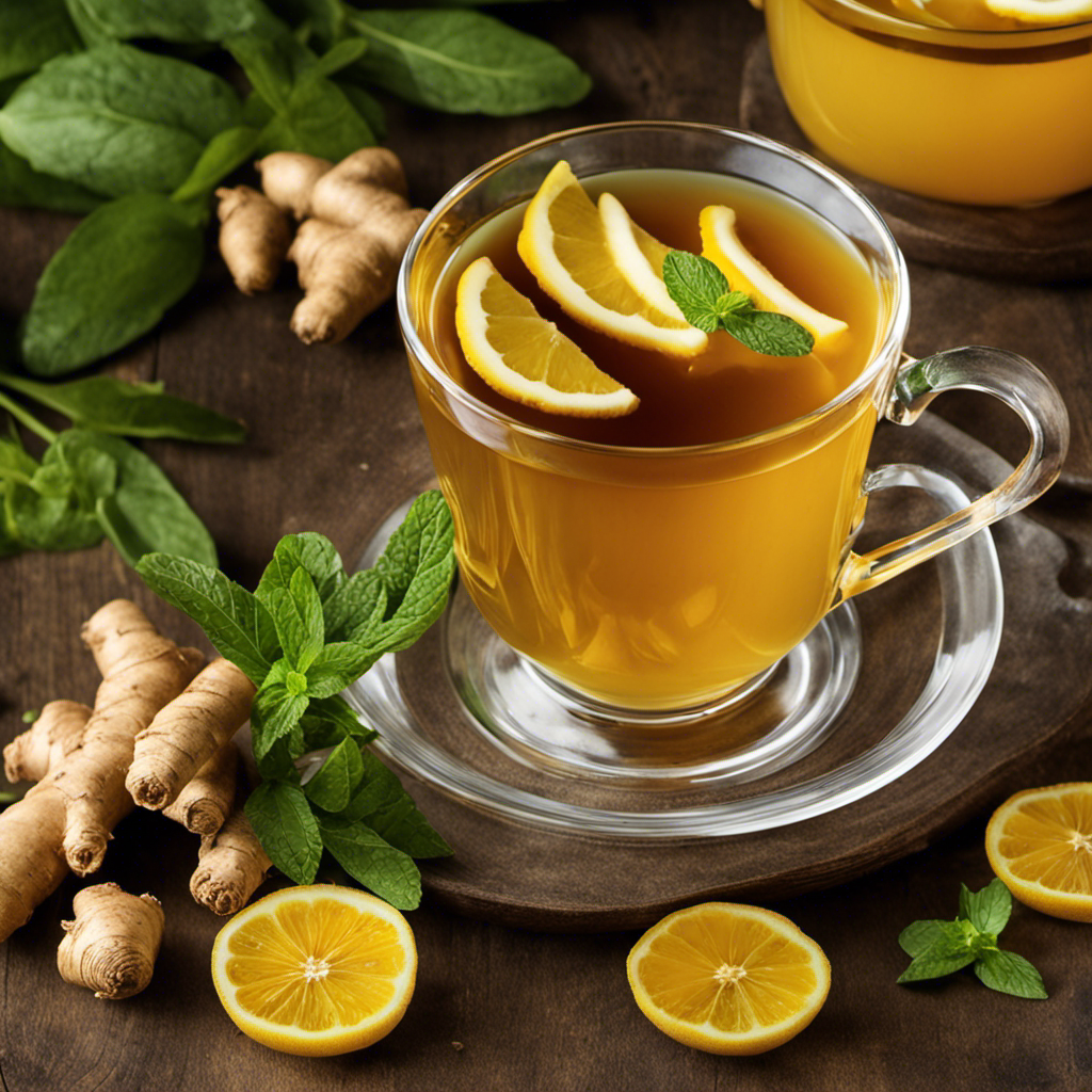 An image of a steaming mug filled with vibrant yellow turmeric tea, surrounded by fresh ginger slices, lemon wedges, and a sprig of fragrant mint