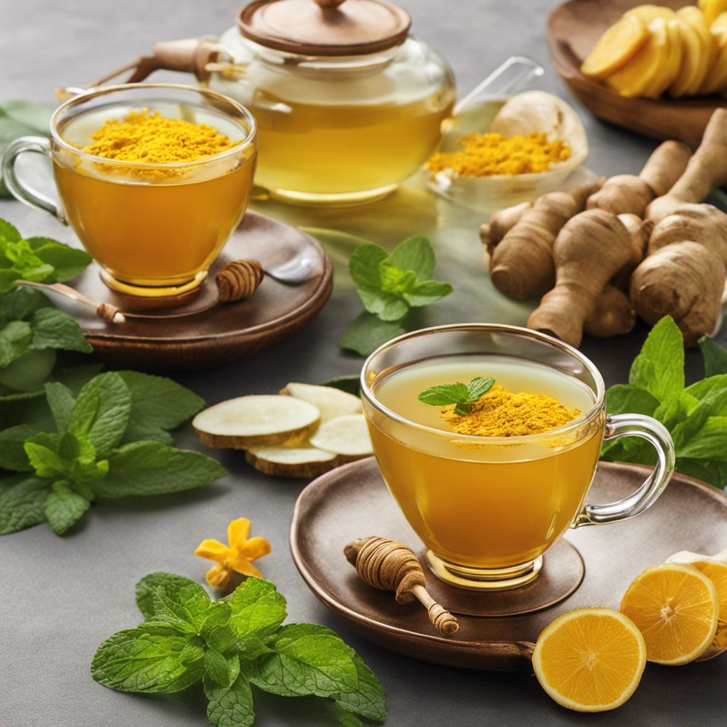 An image showcasing a steaming cup of vibrant yellow turmeric tea, surrounded by fresh ginger slices and a sprig of soothing mint