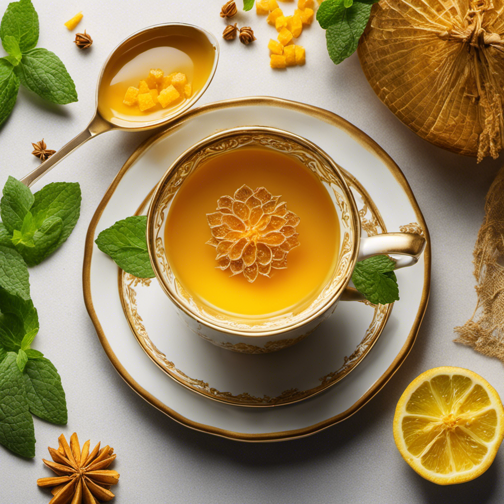 An image showcasing a steaming cup of golden turmeric tea, gently swirling with aromatic vapor