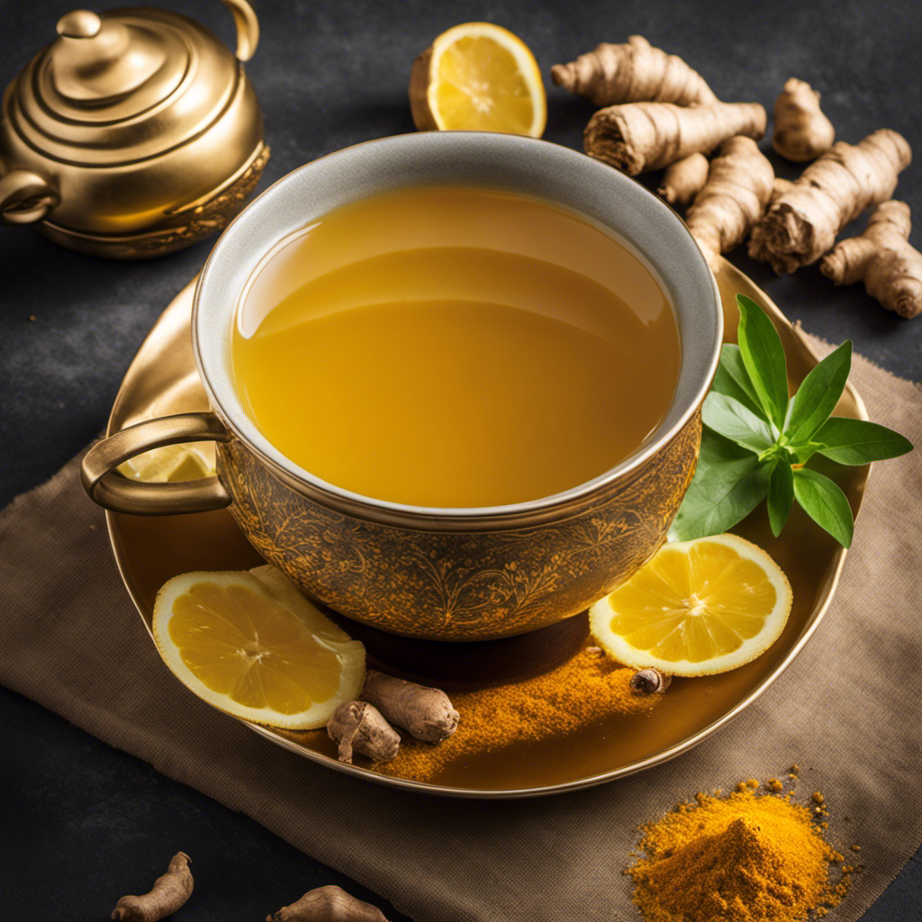 An image showcasing a warm, inviting cup of golden turmeric tea, steam gently rising from the vibrant liquid