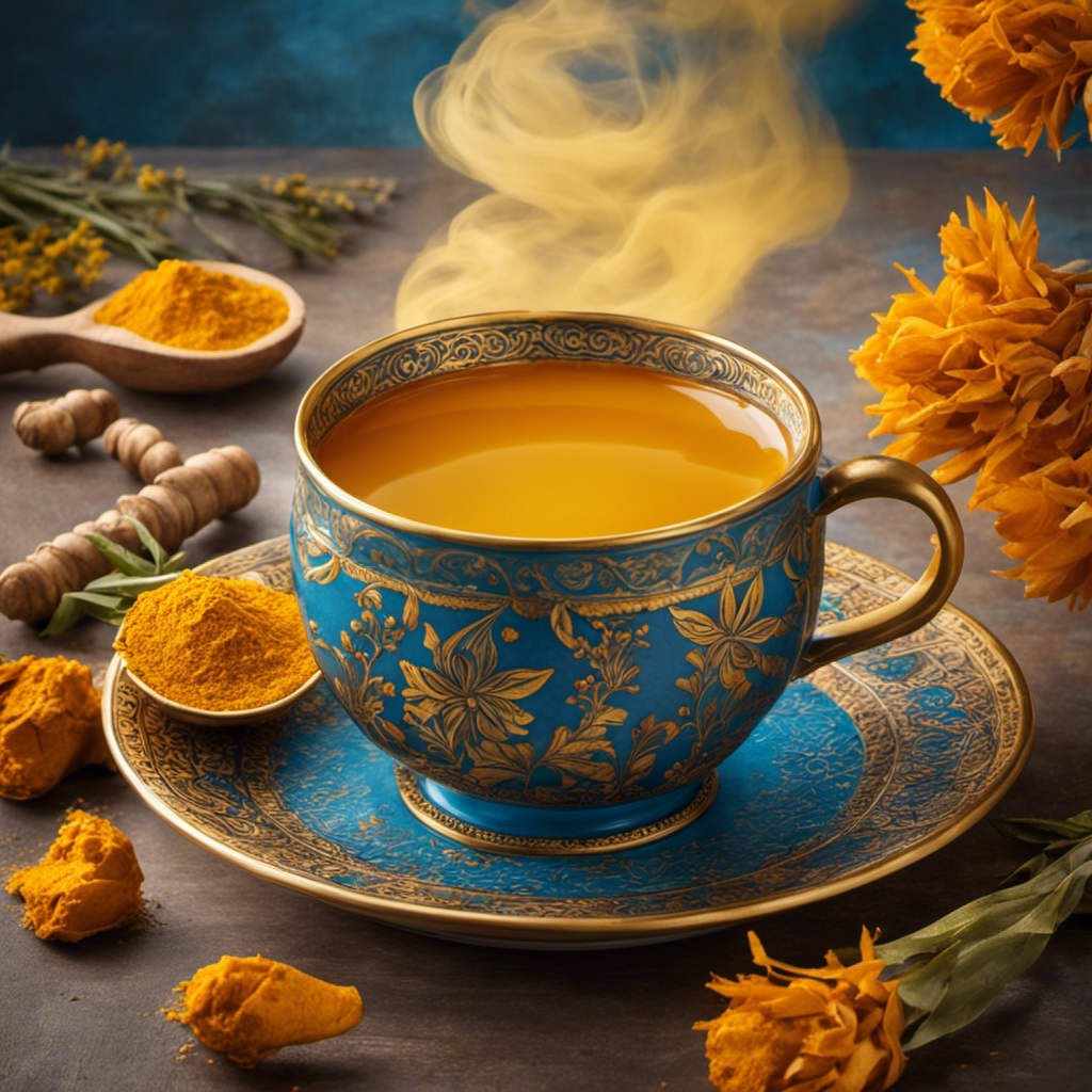 An image showcasing a comforting cup of vibrant turmeric tea, its golden hue contrasting with a serene, blue-toned background