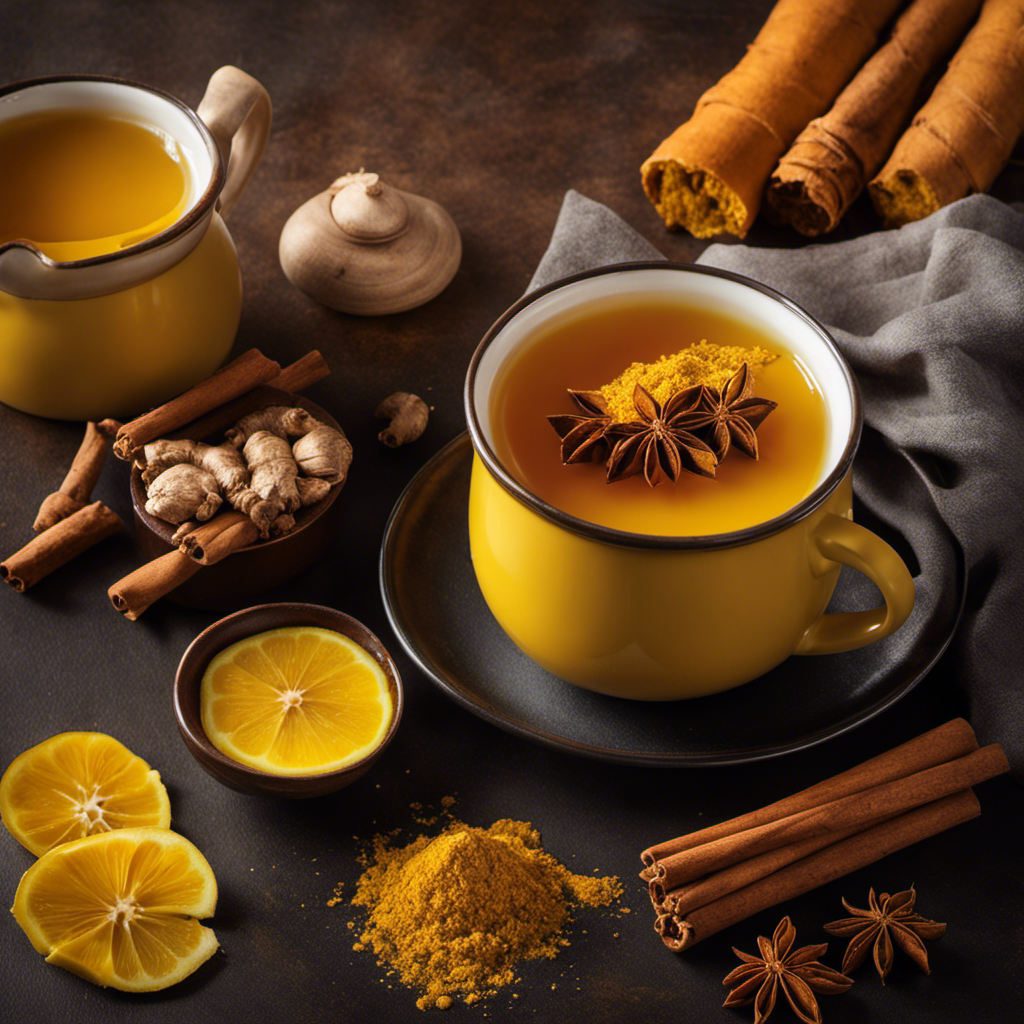 An image showcasing a steaming mug of vibrant yellow turmeric tea, surrounded by fresh ginger slices, cinnamon sticks, and a hint of honey, exuding warmth and inviting relief from pain