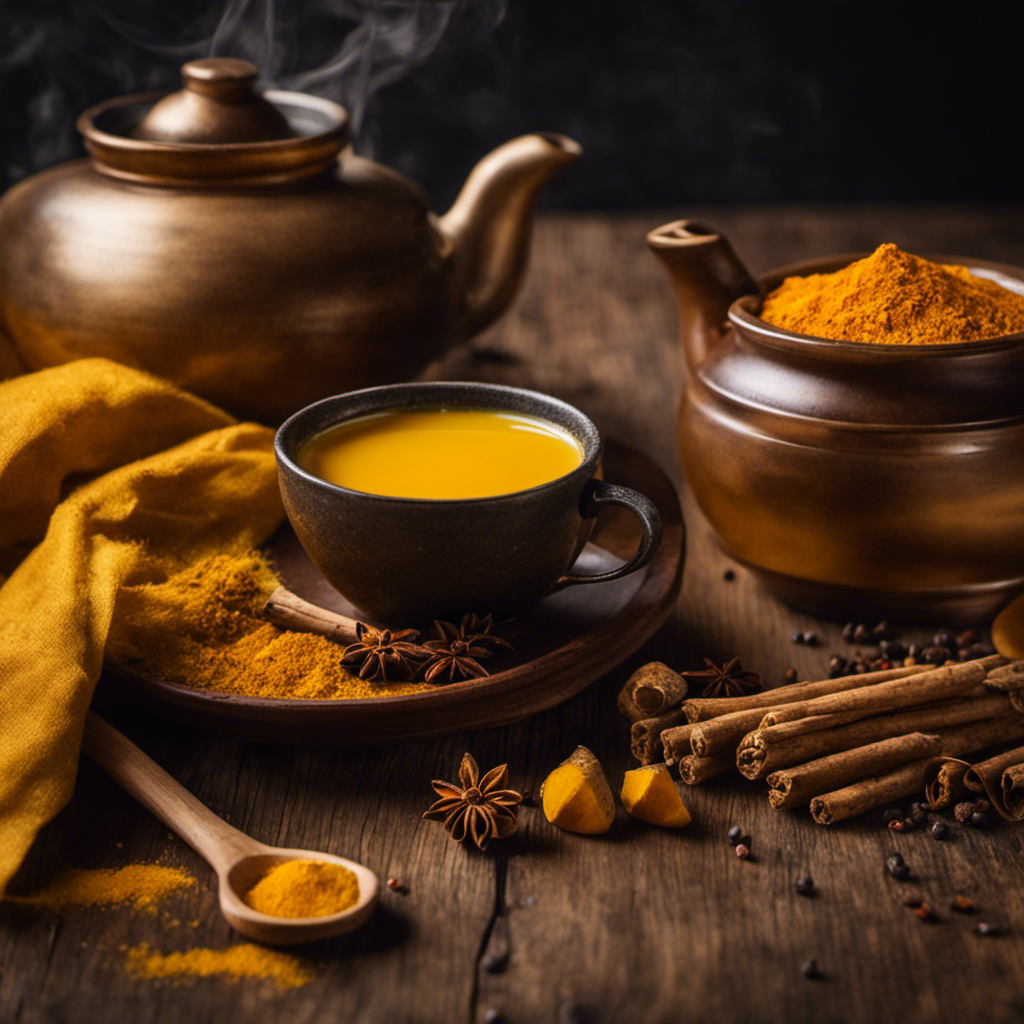 Nt cup of golden turmeric tea sits on a cozy wooden table, steam gently rising from its surface