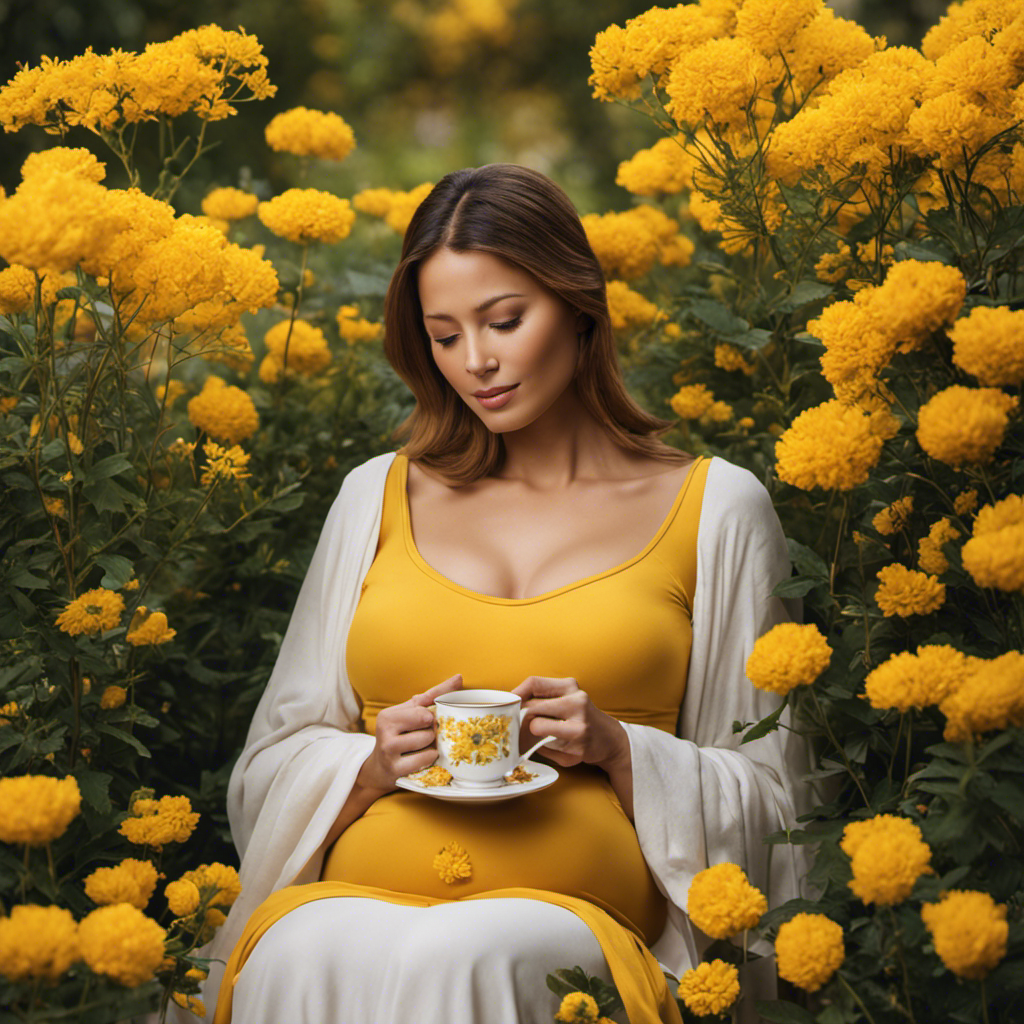 An image of a serene pregnant woman cradling a warm mug of golden turmeric tea, surrounded by vibrant yellow flowers in a peaceful garden setting