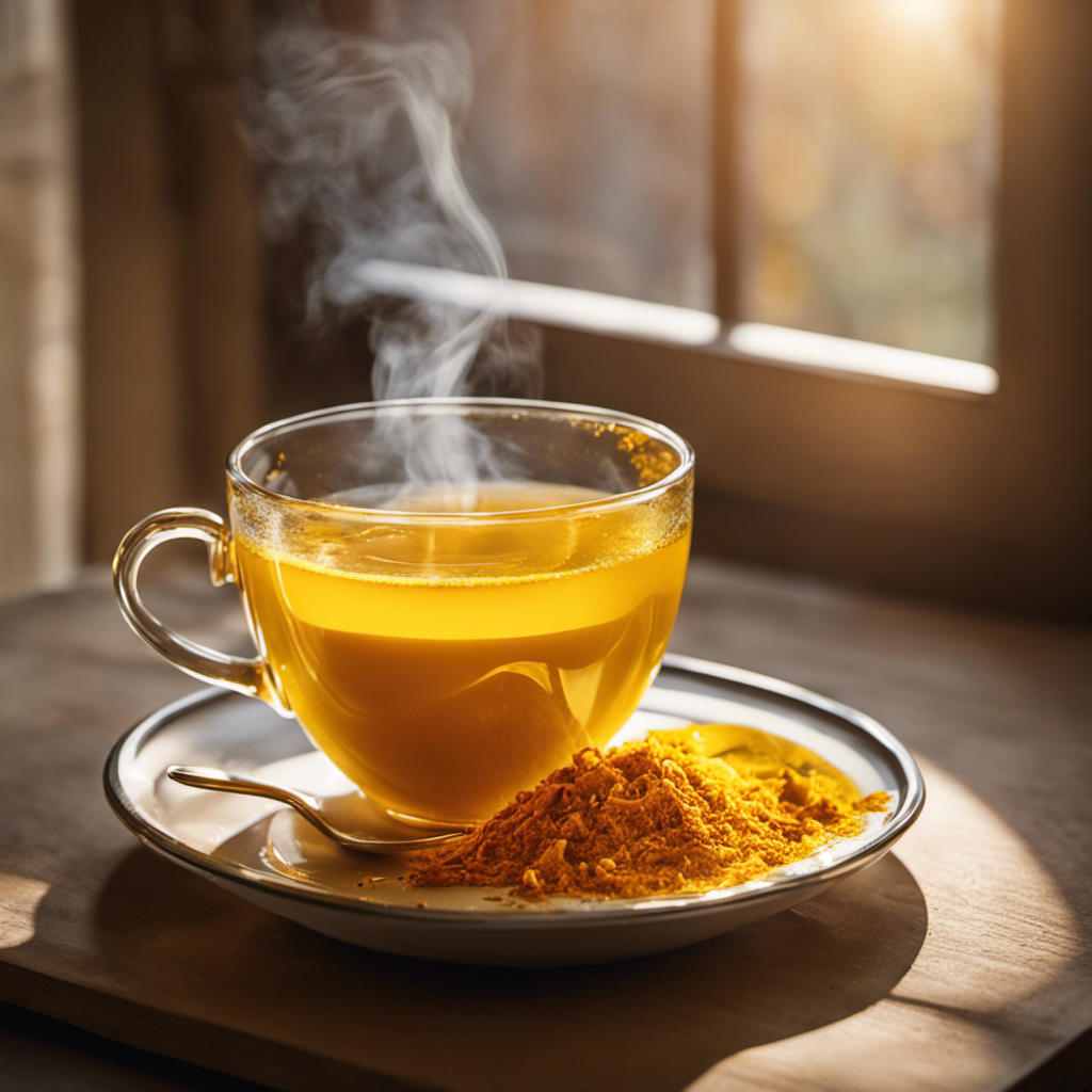 An image showcasing a steaming mug of vibrant yellow turmeric tea, gently swirling in a delicate glass cup
