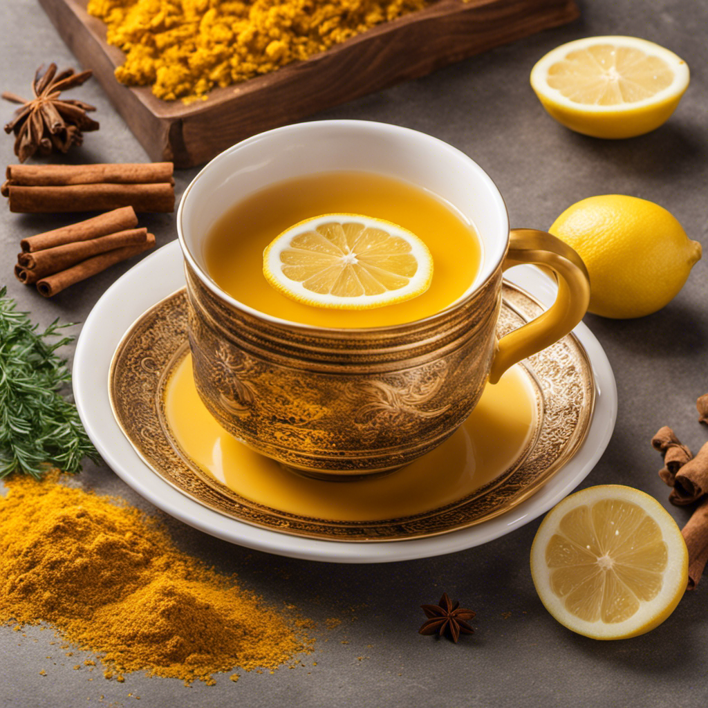 An image showcasing a vibrant cup of golden turmeric tea gently steaming, with freshly sliced lemon and a sprinkle of cinnamon on the side