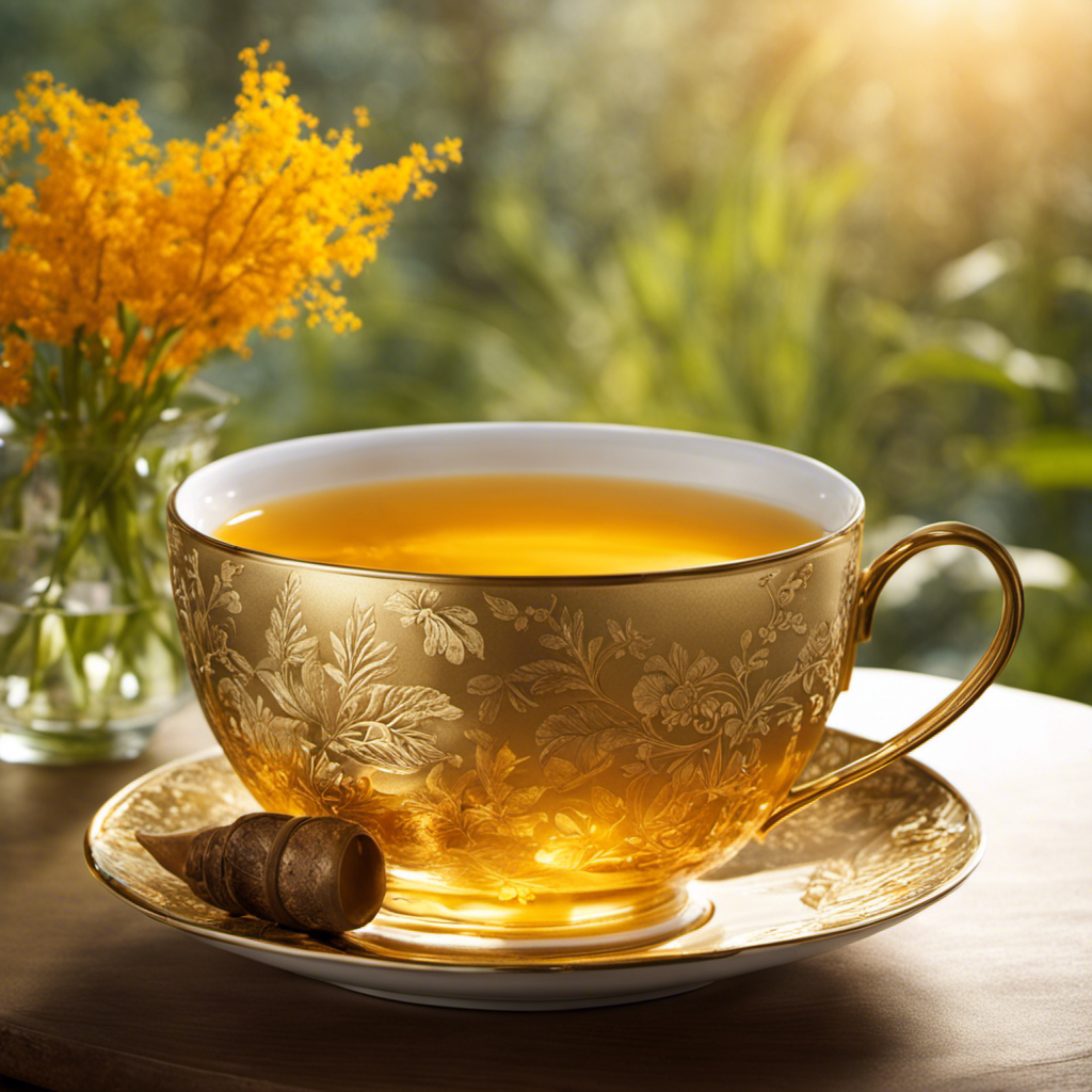 An image showcasing a serene, spa-like setting with a porcelain teacup filled with warm, golden turmeric tea